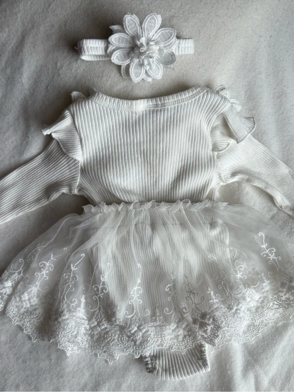 Baby White Floral Lace Tutu Bodysuit with Headband